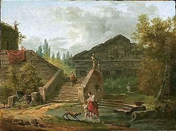 An Architectural Capriccio Of A Classical Temple, With A Maid Descending A Staircase, Another Maid And A Child Standing In A Pool, A Dog Nearby Oil Painting by Hubert Robert