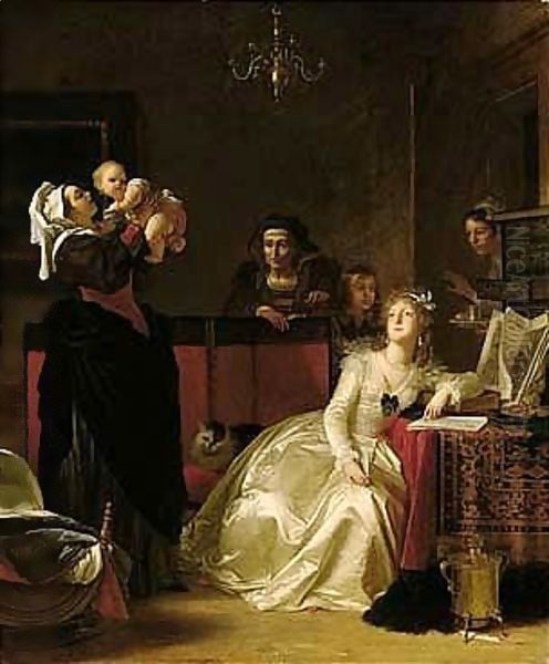 'La Jeune Mere Erudite' A Domestic Scene With A Child Being Held Up By A Nursemaid, An Elegantly Dressed Lady Seated Nearby, Pausing From Writing A Letter, And Other Figures Beyond Oil Painting by Marguerite Gerard