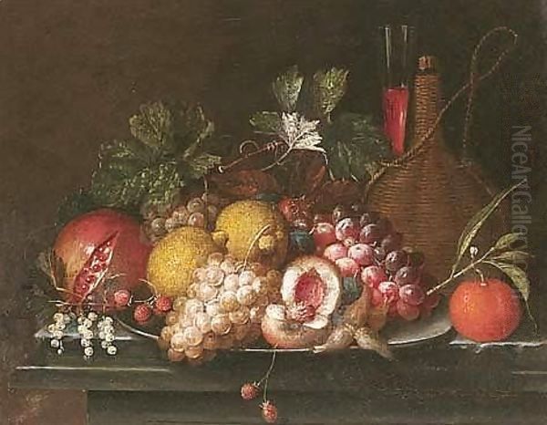 Still Life Of Peaches, Lemons, Grapes, Strawberries And Nuts Upon A Pewter Dish, Together With A Pomegranate, An Orange, A Casket Of Wine And A Wine Glass, Upon A Stone Ledge Oil Painting by Jan Pauwel Gillemans The Elder