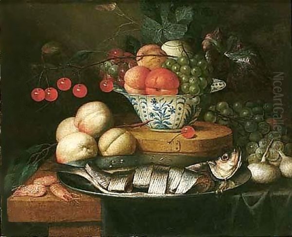 Still Life Of Fruits In A Blue And White Bowl, Together With Peaches, Grapes, Prawns, Onions And Herring On A Pewter Dish On A Table Partly Draped With A Blue Cloth Oil Painting by Jan Pauwel Gillemans The Elder