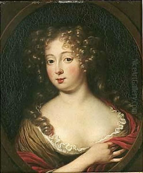 Portrait Of A Young Lady, Head And Shoulders, Wearing A Red Dress Oil Painting by Michiel van Musscher