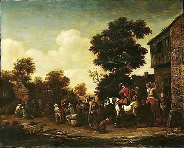 A Horseman And Various Figures Standing Outside A Tavern Oil Painting by Barend Gael or Gaal