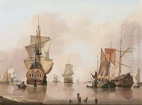 A Calm With Dutch Smalschips, A State Yacht And Other Shipping Vessels, Anchored Near A Shore Oil Painting by Jan van Os