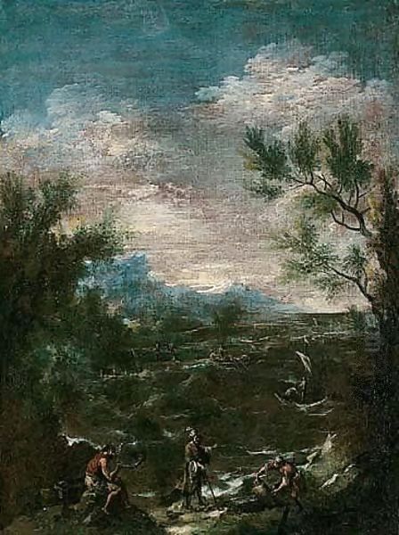 A coastal landscape with a turbaned man and other figures in the foreground Oil Painting by Alessandro Magnasco