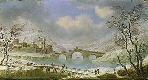 A Winter Landscape With Figures Crossing A Bridge, A Town Beyond Oil Painting by Orazio Grevenbroeck