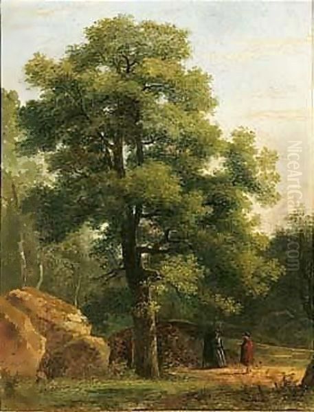 A Wooded Landscape With Travellers Resting Beneath A Tree Oil Painting by Jean-Victor Bertin