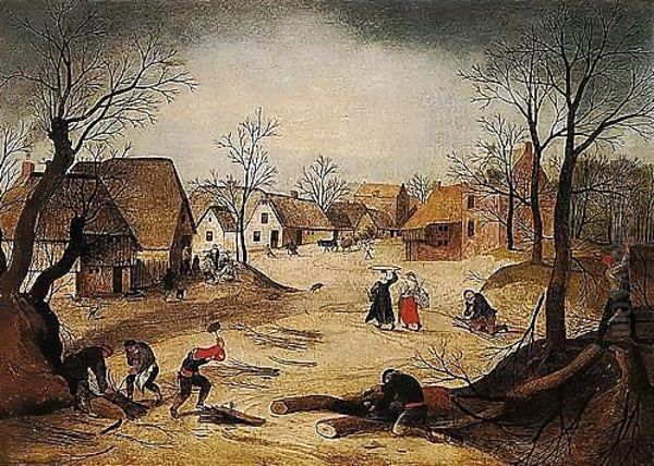 A Village Scene With Figures Chopping And Collecting Firewood In The Foreground, Other Villagers Gathered Outside A Cottage Beyond Oil Painting by Abel Grimmer