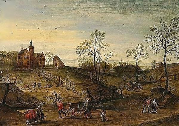 Spring - An Extensive Landscape With A View Of A Country-house With Figures Planting, Travellers On A Road In The Foreground Oil Painting by Jacob Grimmer