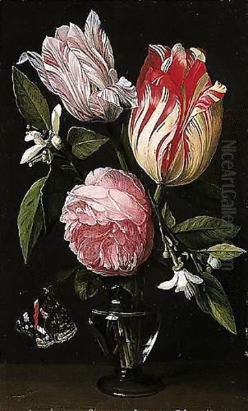 A Still Life Of A Rose, Tulips And Orange Blossom, In A Glass Vase With A Red Admiral Butterfly Oil Painting by Daniel Seghers