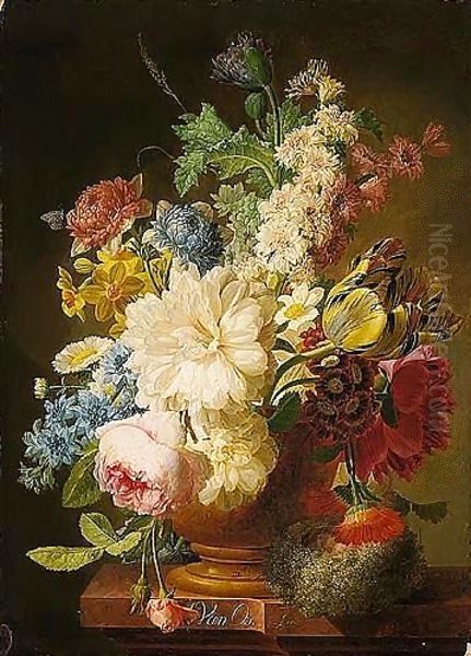 A Still Life Of Mixed Flowers Including Roses, Poppies And Narcissi In A Stone Vase, Together With A Bird's Nest, All Upon A Ledge With A Ladybird And A Moth Oil Painting by Pieter Faes