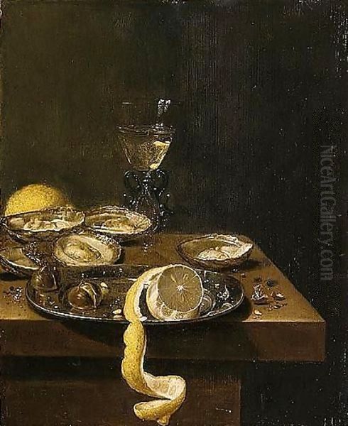 A Still Life Of A Peeled Lemon With Chestnuts Upon A Pewter Dish, Together With Oysters, A Wine-glass And A Lemon, All Upon A Table-top Oil Painting by Jan Jansz. Van De Velde