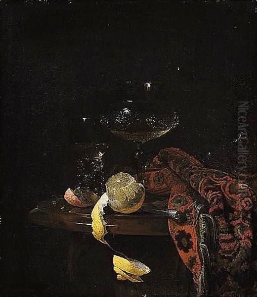 Still Life Of A Peeled Lemon, A Roemer, A Wine-glass, A Knife And A Rug, All Upon A Marble Top Draped With A Carpet Oil Painting by Willem Kalf