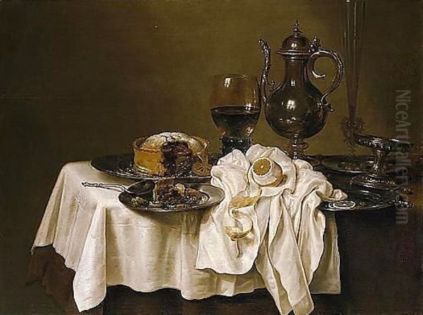 Still Life With A Roemer, A Silver Tazza, A Knife And A Sliced Lemon On A Pewter Plate, A Pie On A Pewter Plate, A Flute, Wine-glass And A Silver Pitcher, Together With A Lemon, All Arranged On A Table Oil Painting by Willem Claesz. Heda