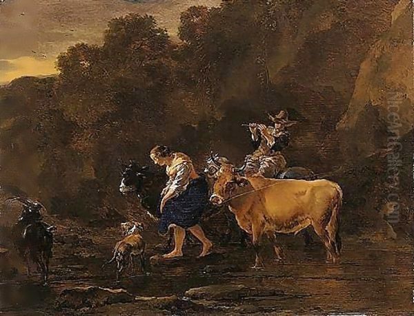 An Evening Landscape With Drovers Fording A Stream Oil Painting by Nicolaes Berchem