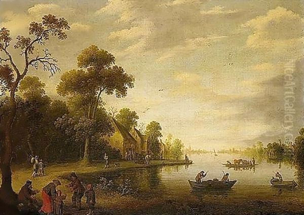 A River Landscape With Fishermen, Beggars On A Track And A Horse-drawn Cart Stopped Outside An Inn Beyond Oil Painting by Joost Cornelisz. Droochsloot