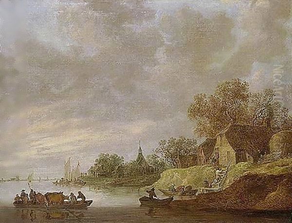 A River Landscape With A Ferryboat Approaching A Village Oil Painting by Jan van Goyen