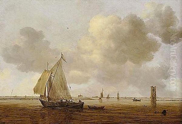 An Estuary Scene With A Wijdschip In A Light Breeze Oil Painting by Jan van Goyen