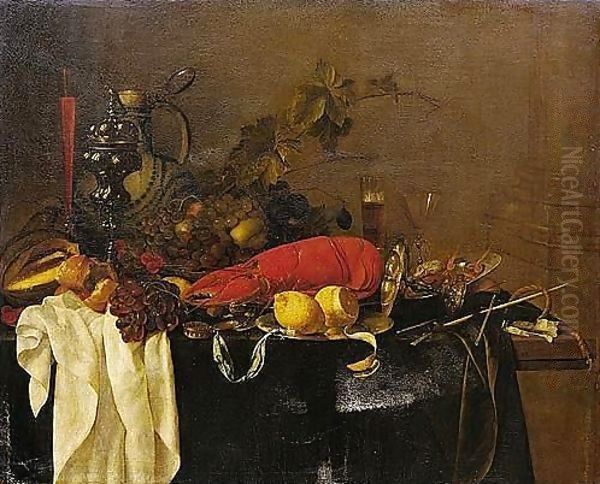 A Still Life With A Lobster, Fruit, Lemons, A Porcelain Jug, Pewter Vessels And A Facon-de-venise Wine-glass, All On A Table Draped In Green Velvet Oil Painting by Jan Davidsz. De Heem