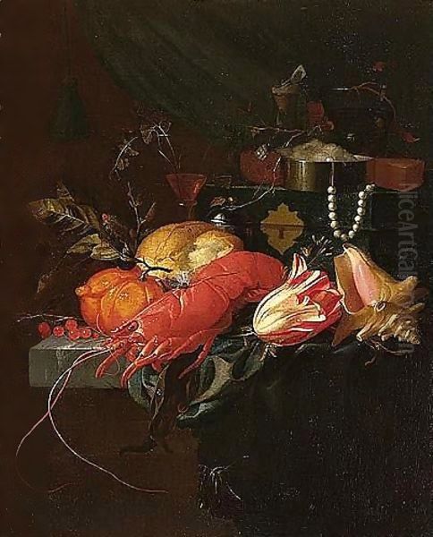 A Still Life Of A Lobster, A Conch Shell, A Tulip, Orange, Redcurrants, Bread, A Salt Cellar And A Wine-glass, Together With A String Of Pearls And A Jewellery Casket Upon A Partly-draped Stone Ledge Oil Painting by Elias van den Broeck