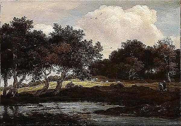 A Wooded Landscape With Travellers On A Track By A Pool Oil Painting by Jacob Van Ruisdael