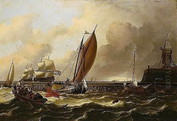 A Seascape With A Jetty And Windmill, A Fishing Boat Flying The Amsterdam Flag And Smalschips On Choppy Seas, Larger Shipping Vessels Beyond And A Lime-kiln On The Horizon Oil Painting by Ludolf Backhuysen