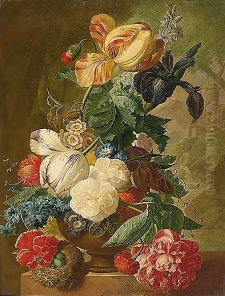 A Still Life Of Flowers, Including Tulips, A Delphinium And An Iris In A Stone Vase, A Bird's Nest With Eggs Below And A Landscape Beyond Oil Painting by Jan van Os