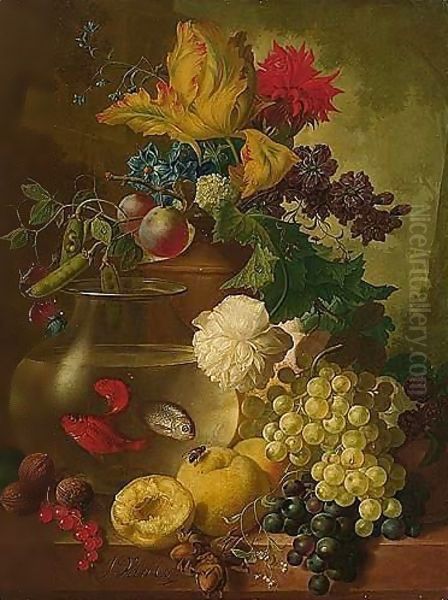 Still Life Of Fruit And Flowers, Together With Walnuts And Hazelnuts, A Bird's Nest And A Goldfish Bowl On A Ledge, A Landscape Beyond Oil Painting by Jan van Os