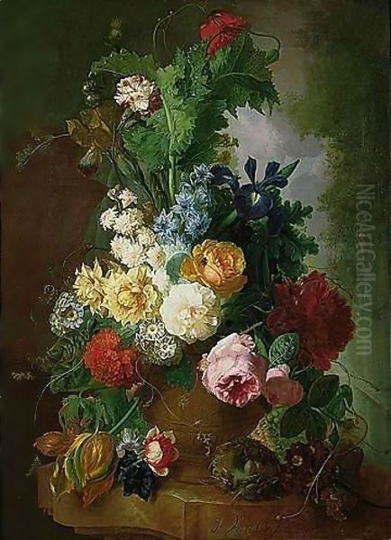 A Still Life Of Flowers In A Terracotta Urn With A Bird's Nest On A Marble Ledge, A Garden Beyond Oil Painting by Jan van Os