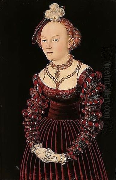 Portrait Of A Young Lady, Three-quarter Length Standing, Dressed In A Red Velvet Dress And Wearing A Plumed Cap Oil Painting by Lucas The Elder Cranach