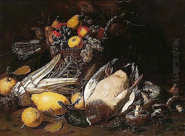 A Still Life Of Fruit In A Straw Basket, Together With Asparagus, Artichokes, Cardoons, Lemons, Mushrooms And A Duck Oil Painting by Tommaso Salini (Mao)