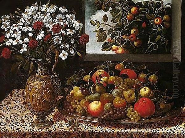 Still Life Of Apples, Pears, Grapes, Plums And Figs On A Parcel-gilt Platter, Together With A Sculpted Gilt Ewer Containing A Bouquet Of Carnations And Narcissi, Upon A Table Oil Painting by Tomas Hiepes