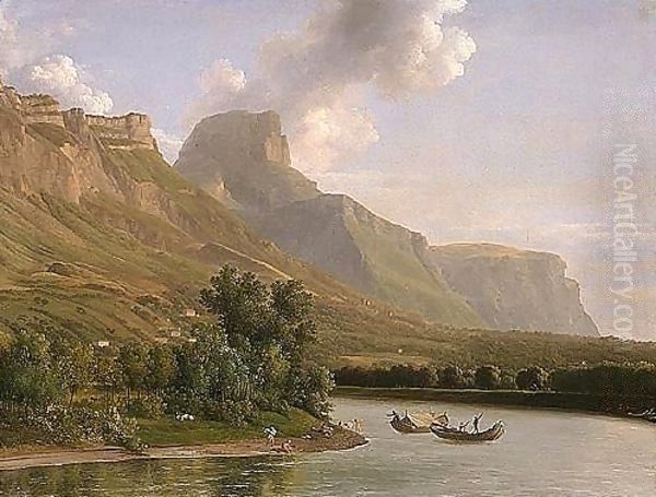 An Alpine Landscape With Figures Bathing And Fishermen In Their Boats Nearby Oil Painting by Jean-Joseph-Xavier Bidauld