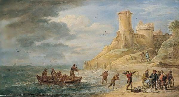 A Coastal Scene With Fishermen Bringing Their Catch Ashore Near A Castle Oil Painting by David The Younger Teniers