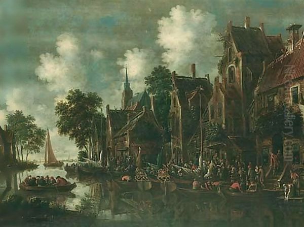 A River Landscape With Numerous Figures Conversing And Loading Their Wares Onto Fishing Boats Outside An Inn Oil Painting by Thomas Heeremans