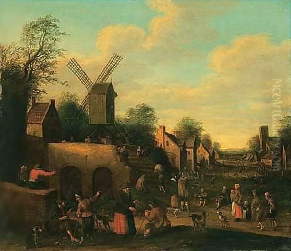 A Scene In A Dutch Village With Beggars And Numerous Figures By A Windmill Oil Painting by Joost Cornelisz. Droochsloot