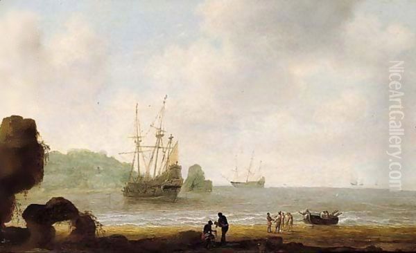 A Tropical Coastal Scene With A Rowing Boat Coming Ashore On A Beach, Other Shipping Vessels Beyond Oil Painting by Gilles Peeters