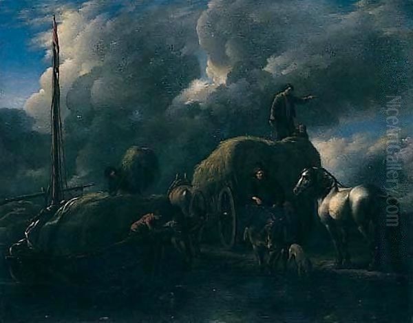 'Le Port Au Foin' Harvesters Unloading Hay Into A Barge Beside A River Oil Painting by Philips Wouwerman