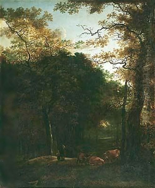 A Wooded Landscape With Cattle And Figures In A Woodland Clearing Oil Painting by Adam Pijnacker