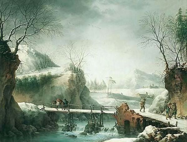 A Winter Landscape With Travellers Crossing A Bridge Oil Painting by Francesco Foschi