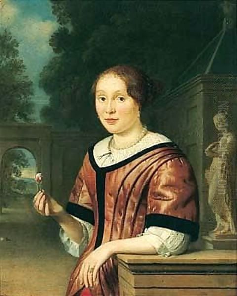 Portrait Of A Lady, Half-length, Wearing Pink, Holding A Rose, In An Ornamental Garden Oil Painting by Pieter Cornelisz. van SLINGELANDT