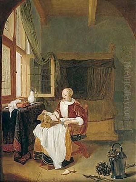 An Interior With A Woman Reading By An Open Window Oil Painting by Quiringh Gerritsz. van Brekelenkam