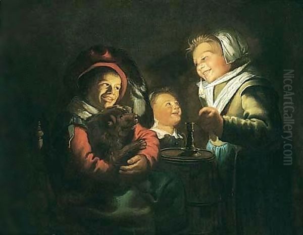 Children Playing With A Dog By Candlelight Oil Painting by Jan Miense Molenaer