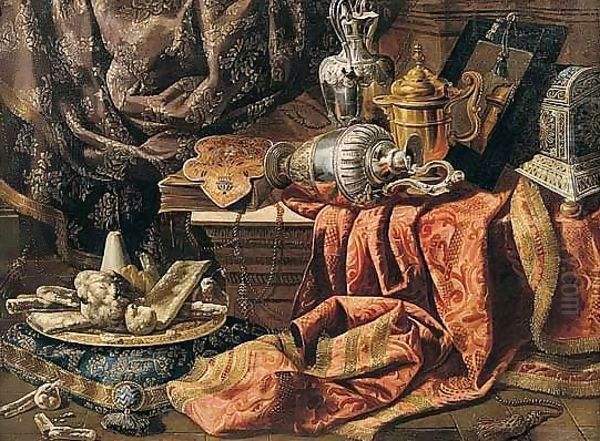 Still Life Of Gilt And Silver Ewers, A Mirror, A Chest, Sweetmeats On A Gilt Platter And Embroidered Cloths Oil Painting by Francesco (Il Maltese) Fieravino