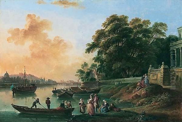 A View, Possibly On The River Seine With The Cathedral Of Notre-dame Beyond, With Elegant Figures At Leisure And A Palace Nearby Oil Painting by Jean-Baptiste Lallemand