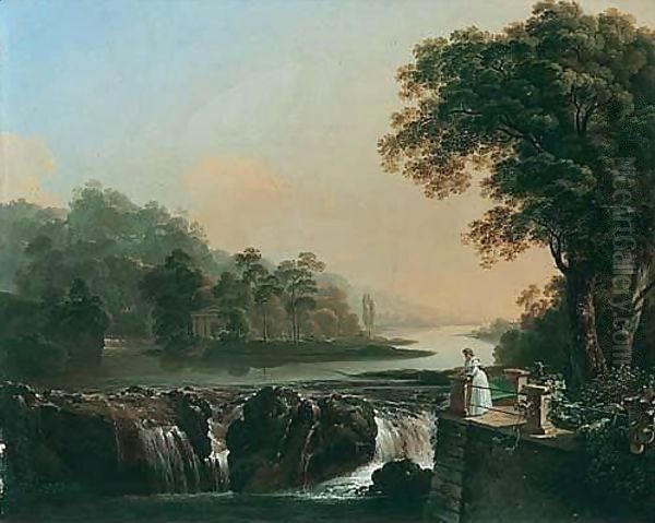 A River Landscape With A Young Girl Standing On A Terrace Overlooking A Waterfall, A Classical Temple On An Island Beyond Oil Painting by Johann Jacob Biedermann