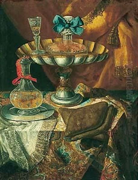 Still life of a wine glass and bottle in a parcel gilt tazza together with a glass decanter on a pewter dish upon a draped tabletop Oil Painting by Maximilian Pfeiler