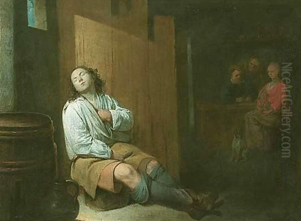 An Interior With A Young Man Sleeping In The Foreground, Other Figures Beyond Oil Painting by David The Younger Ryckaert