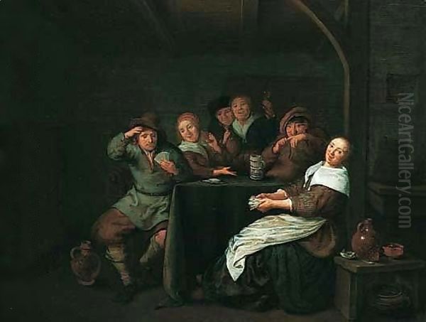 Interior With Figures Drinking And Playing Cards At A Table Oil Painting by Jan Miense Molenaer