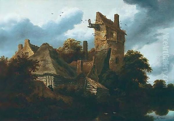 A River Landscape With Hunters And Fishermen Near Rustic Buildings Oil Painting by Roelof Jansz. Van Vries