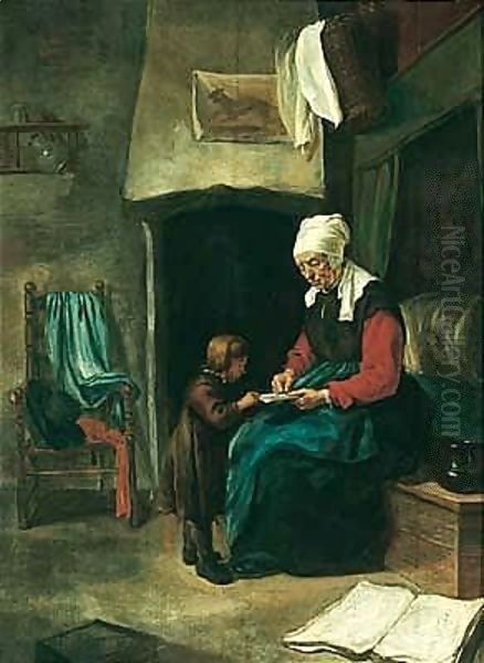 A domestic interior wtih an old maid teaching a young boy to read Oil Painting by Esaias Boursse